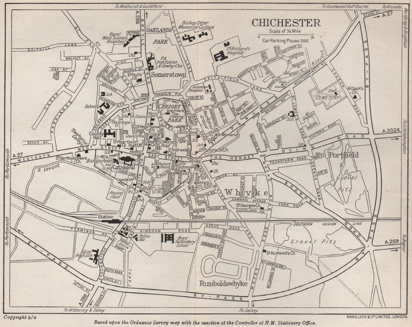 CHICHESTER vintage city/town plan. Sussex. WARD LOCK 1950 old vintage map